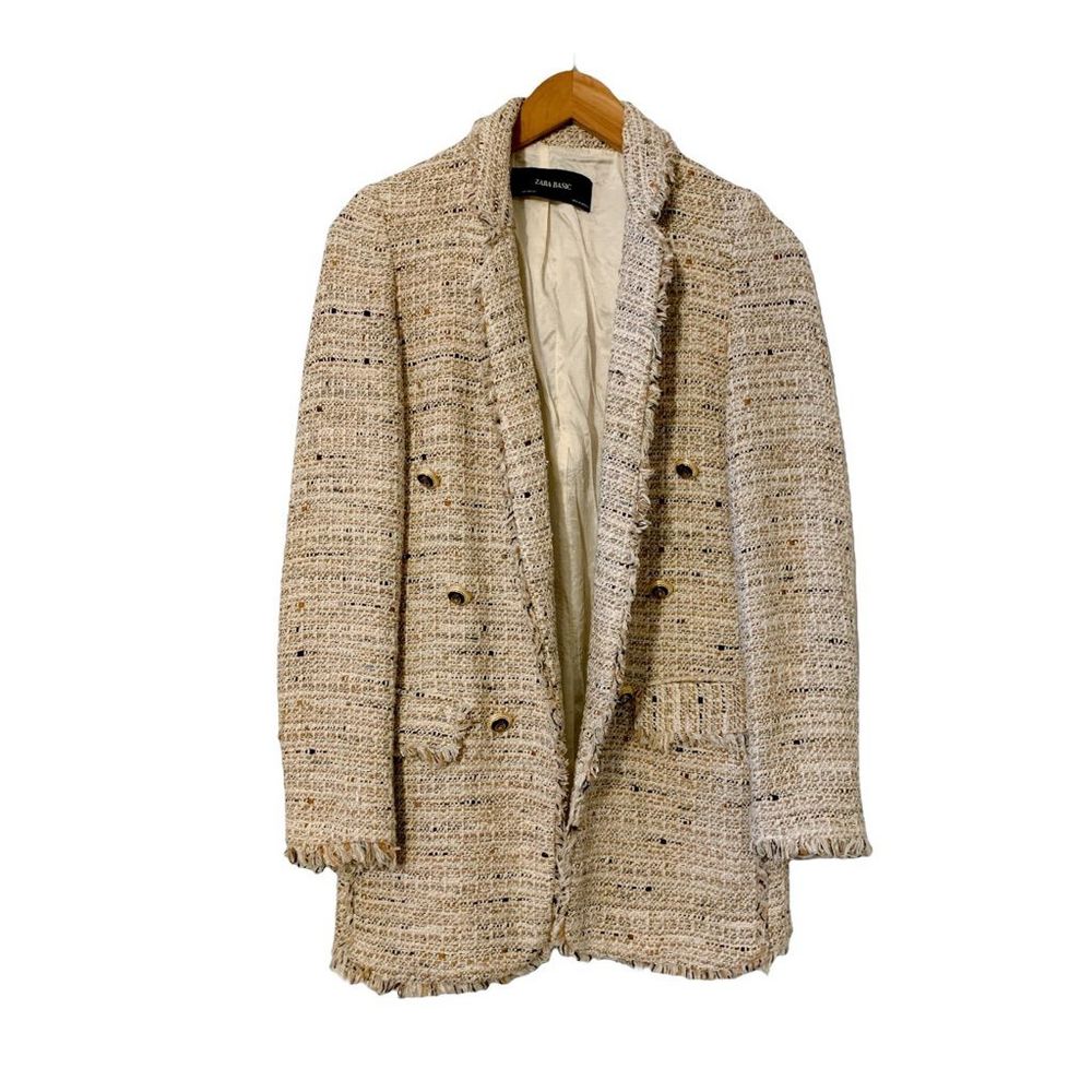 Zara tweed double breasted long jacket blazer Sz XS
